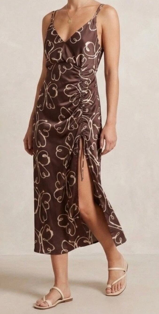 Urban Outfitters Slip Dress Brown Butterfly Print Ruched Midi VNeck Slit M fall